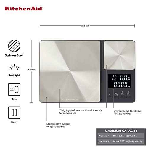 KitchenAid KQ909 Dual Platform Digital Kitchen and Food Scale, 11 pound capacity and Precision 16oz capacity, Black with Stainless Steel