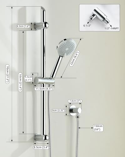 Shower Head with Adjustable Slide Bar Chrome Finish - Handheld, 4 Spray Modes