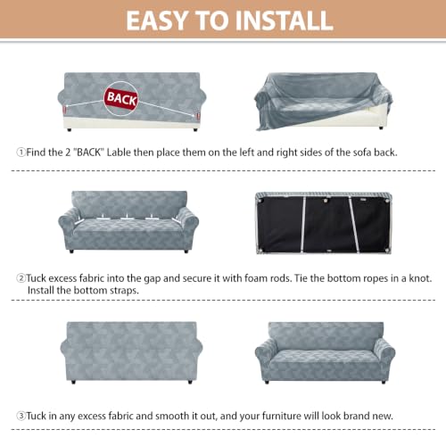 Stretch Couch Cover for 2 Cushion Loveseat - Light Grey, Geometrical Jacquard, Medium (55-69")