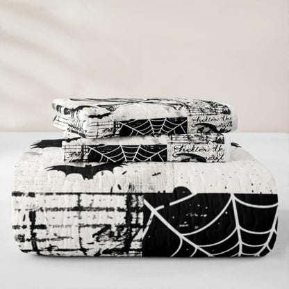 Ash & Ink Gothic Skull Quilt Set for All Seasons King Size Bedding - Halloween Decor
