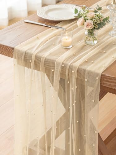 FEXIA Champagne Pearl Table Runner 10ft Beige Tulle Gauze Wedding Decor