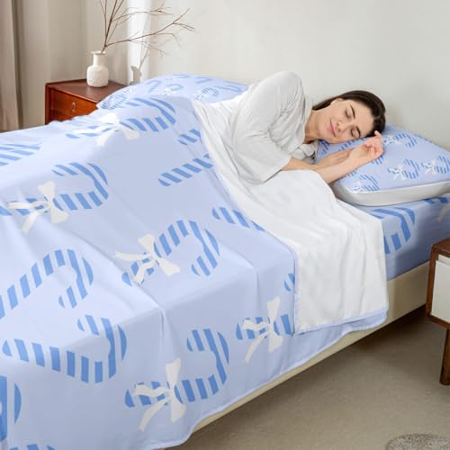 Christmas Bed Sheets Set Full Size - Candy Cane Pattern, Blue & White Variation