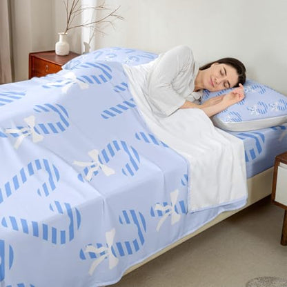Christmas Bed Sheets Set Full Size - Candy Cane Pattern, Blue & White Variation
