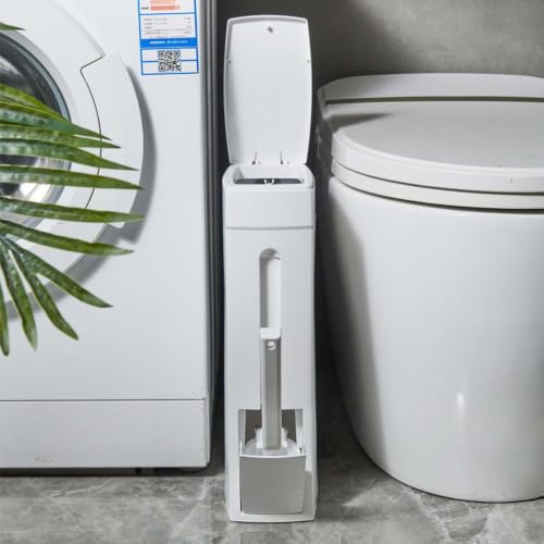 Slim Bathroom Trash Can with Toilet Brush Set - Space-Saving Organizer