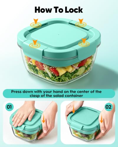 BiuLeon Green Glass Salad Container 56oz with Airtight Lid & 4-Compartment Tray