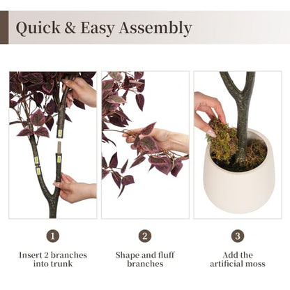 4ft Fall Artificial Tree with Plum Purple Heart-Shaped Leaves and Pot - Porch Decor, Variation of Plum Cimicifuga / 3.9ft