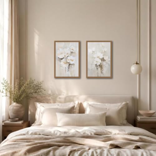 White Beige Floral Wall Art Set of 2 Canvas Prints 12x16in - Neutral Decor