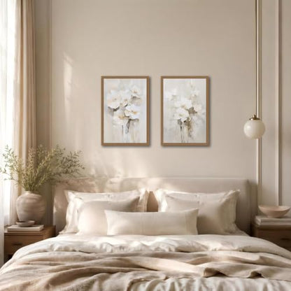 White Beige Floral Wall Art Set of 2 Canvas Prints 12x16in - Neutral Decor