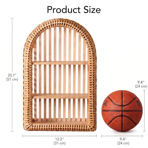 Natural Wood Rattan Wall Shelf - 3 Tier Boho Arched Wicker Hanging Shelves