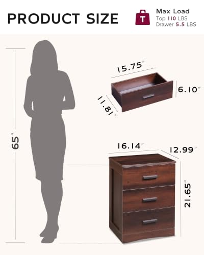 WLIVE Espresso 3-Drawer Nightstand with Large Top - Wood Bedside Table