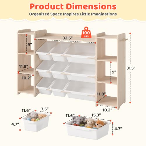 Toy Storage Organizer with Bookshelf and Bins - Solid Pine Kids Playroom Storage