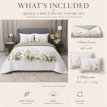 Reversible Queen Duvet Cover Set with Cooling TENCEL & Brushed Cotton - Wildflower Meadow Sage Green, 3 Pieces