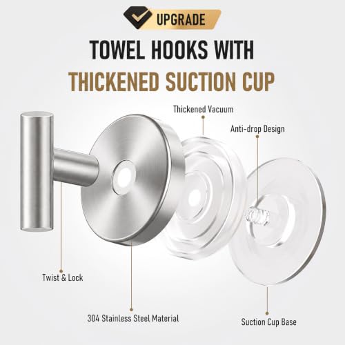 Suction Cup Shower Hooks No Drill 4 Pack - Brushed Nickel, Silver / 2 Pack