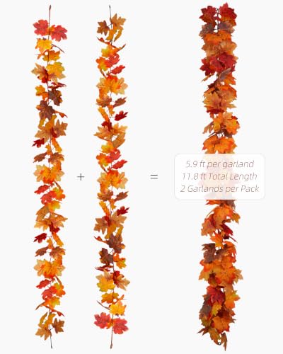 Fall Maple Leaf Garland 2 Pack, 5.9 ft Each, Autumn Decor for Mantel and Tabletop