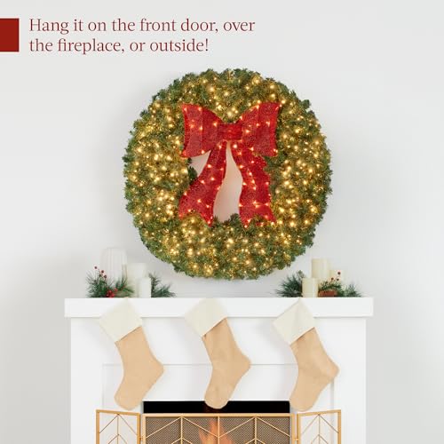 36in Artificial Christmas Wreath with Red Lighted Bow and 150 LED Lights - Green Spruce