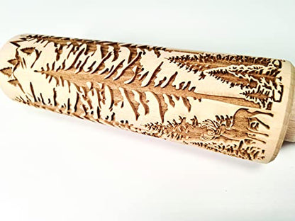 FOREST embossing rolling pin. Engraved wooden embossed dough roller for embossed cookies or clay by Algis Crafts