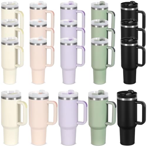 40 Oz Stainless Steel Tumbler with Handle and Straw - Bulk Pack, Color Variation Cream