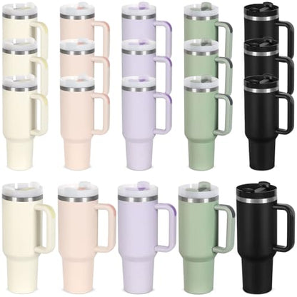 40 Oz Stainless Steel Tumbler with Handle and Straw - Bulk Pack, Color Variation Cream