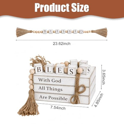 Farmhouse Decor Books Set with Faith Message and Beaded Tassels - Rustic White Wooden Faux Book Ornaments