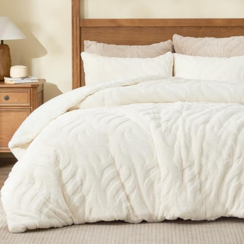 Queen Faux Fur Comforter Set Cream 90x90 Inches Fluffy Bedding