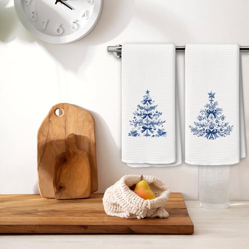 Chinoiserie Christmas Kitchen Towels Set of 2 - Blue Holiday Hand Towels - Variation Christmas-7
