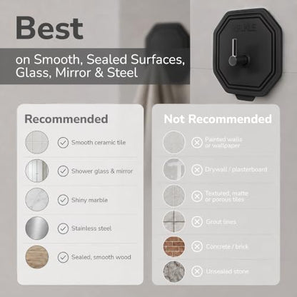 Black Silicone Shower Hooks 2-Pack - Waterproof Adhesive Towel Hooks for Bathroom