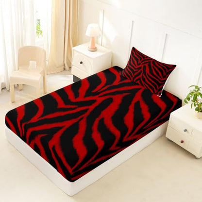 Black Red Zebra Print Fitted Sheet for Twin Bed - Deep 16" Pocket, Kids Bedding