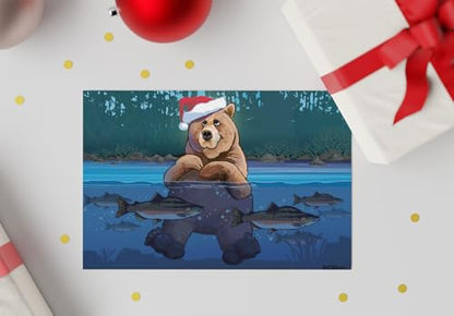 Bear in the River Christmas Card - Holiday Greeting Cards with Salmon & Santa Hat - 18 Pack - Standard Variation