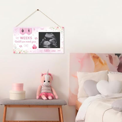 Pregnancy Ultrasound Picture Frame with Pink Bow & Countdown - Keepsake