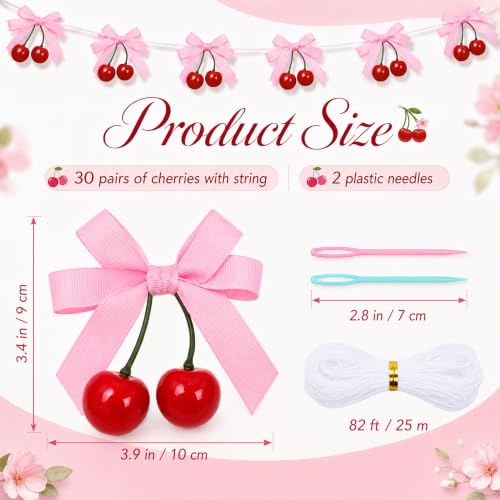 Cherry Party Decorations Set with Pink Bow Garlands for Birthday Baby Shower Wedding