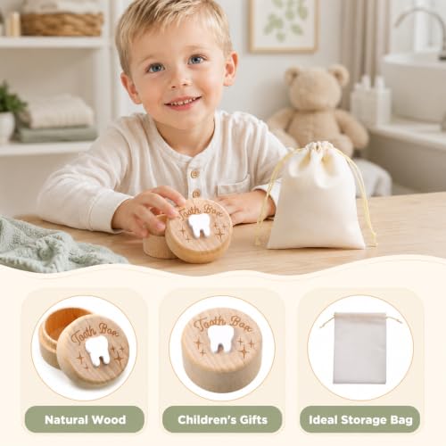 Wooden Tooth Fairy Keepsake Box with Pouch - Carved Child's Tooth Storage