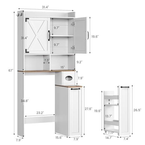 Over the Toilet Storage Cabinet with LED Lights - White Farmhouse Bathroom Organizer
