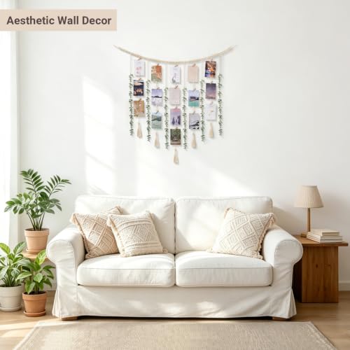 Boho Hanging Photo Display with Beads and Faux Eucalyptus Wall Decor