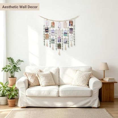 Boho Hanging Photo Display with Beads and Faux Eucalyptus Wall Decor