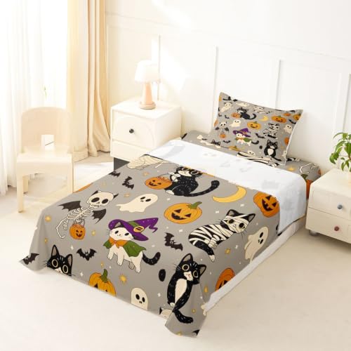 Dusty Gray Multi Cartoon Halloween Bed Sheets Set for Kids Twin Size Pumpkin & Cat Bedding with Deep Pockets