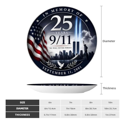 9/11 Never Forget Ceramic Plate 25th Anniversary Wall Decor 10in White