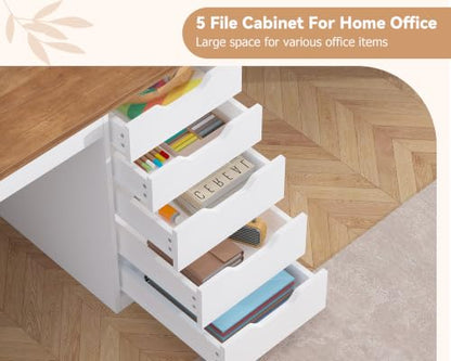 Brown and White 95 Inch 2 Person Desk with 5 Drawers & Outlets for Home Office