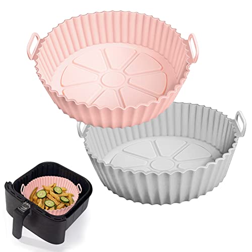 2 Pack Air Fryer Silicone Liners Pot for 3 to 5 QT, Air Fryer Silicone Basket Bowl, Replacement of Flammable Parchment Paper, Reusable Baking Tray Oven Accessories, Pink+Grey, (Top 8in, Bottom 6.75in)