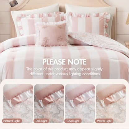 Pink Floral Comforter Set Full/Queen - 4 Piece Bed Bedding with Ruffle Edge & Reversible Floral Design