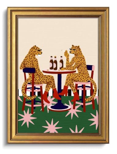 Retro Leopard Wall Art with Gold Frame - 12x16in Whimsical Animal Decor