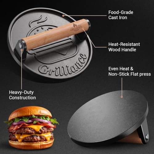 Cast Iron Burger Press Kit - 6.6-inch Flat Smasher for Grilling & Cooking