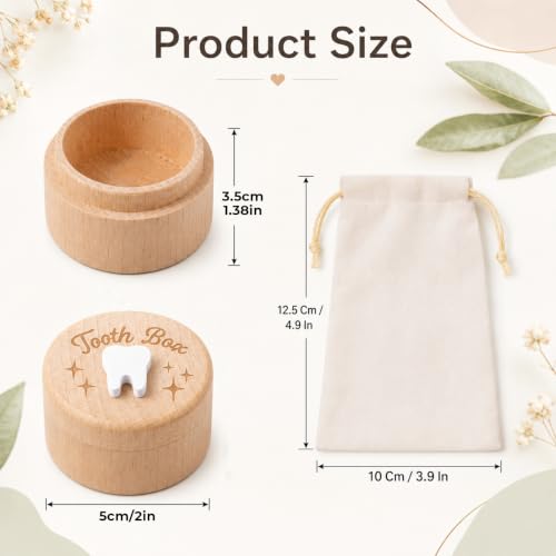 Wooden Tooth Fairy Keepsake Box with Pouch - Carved Child's Tooth Storage