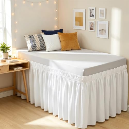 Twin XL Dorm Bed Skirt 24 Inch Drop - White Ruffled Microfiber