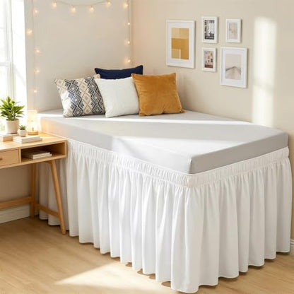 Twin XL Dorm Bed Skirt 24 Inch Drop - White Ruffled Microfiber