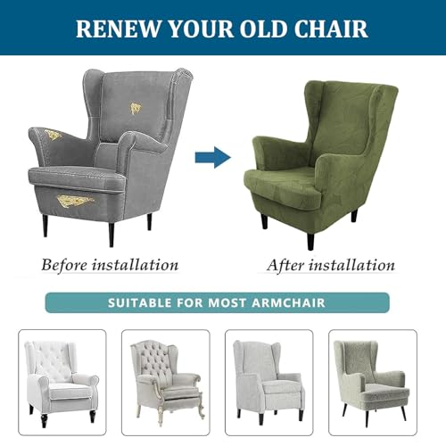 Olive Green 2-Piece Wingback Chair Slipcover - Washable, Elastic Bottom, One Size