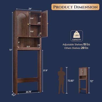 72-Inch Wooden Over The Toilet Bathroom Storage Cabinet - Brown, Arched Fluted Design