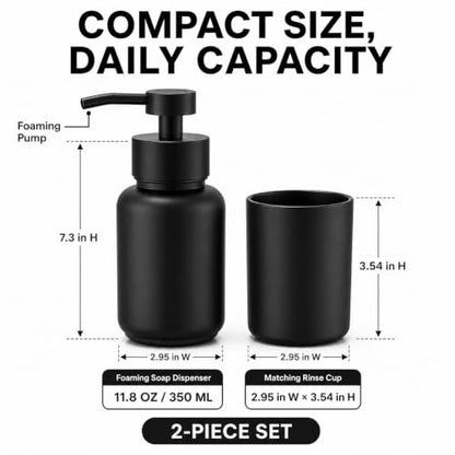 Matte Black Glass Soap Dispenser and Toothbrush Cup Set - Stable, Stylish Bathroom Accessory