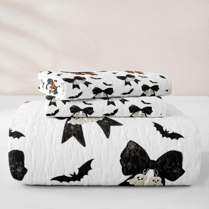 Halloween Kids Bedspread Quilt Set - Orange Black White Full Size with Bow Ghost Pumpkins