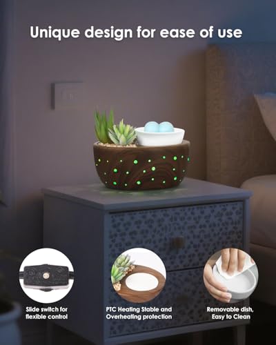 LUXARAPY Ceramic Wax Melt Warmer with Japanese Design, 4-in-1 Electric Oil Diffuser, Succulent Bowl, Brown Wood Grain