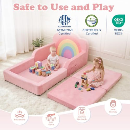 Pink Toddler Floor Bed and Kids Sofa - No Assembly Needed, Soft Foam